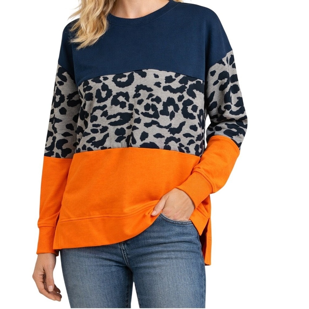 Colorblock Sweatshirt Women Small Multi‎ Leopard Print Orange Navy